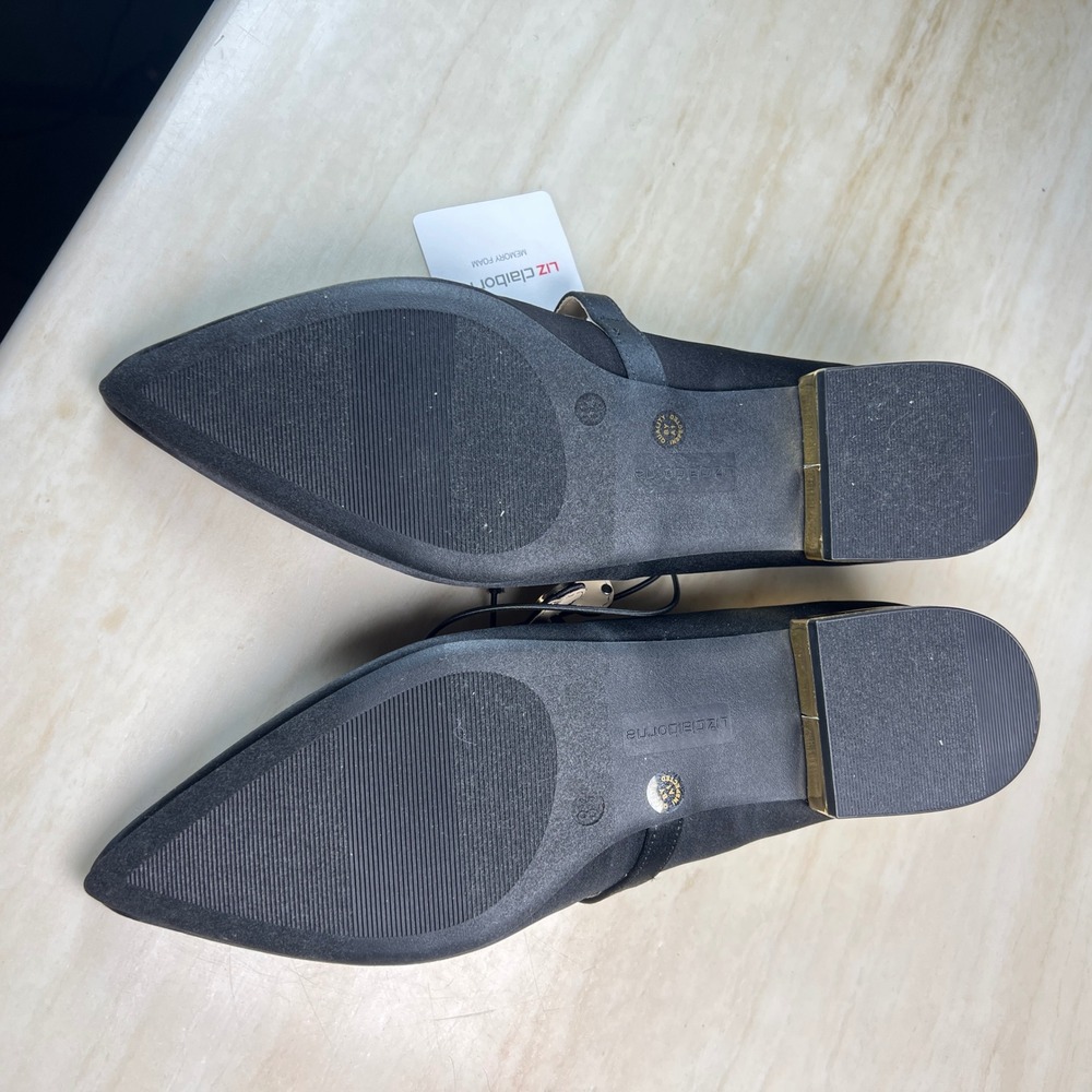Liz Claiborne Black Satin Pointed Toe Mary Jane Flats with Gold Heel Memory 8.5 - Picture 10 of 12